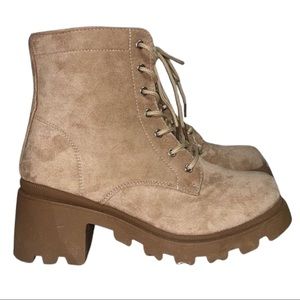dolls kill faux suede lace up tan heeled booties